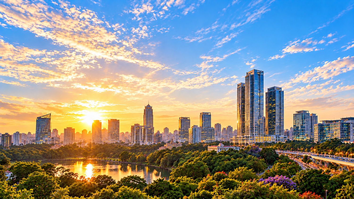 City skyline at sunrise